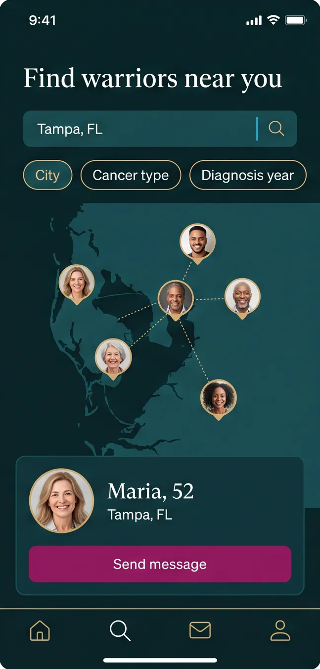 Illustration of the app’s map of Tampa Bay, filtered by city, with member portraits joined by dotted lines