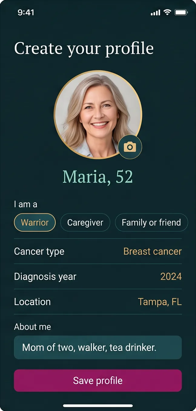 Illustration of the app’s profile screen with a photo, role, cancer type, diagnosis year and location