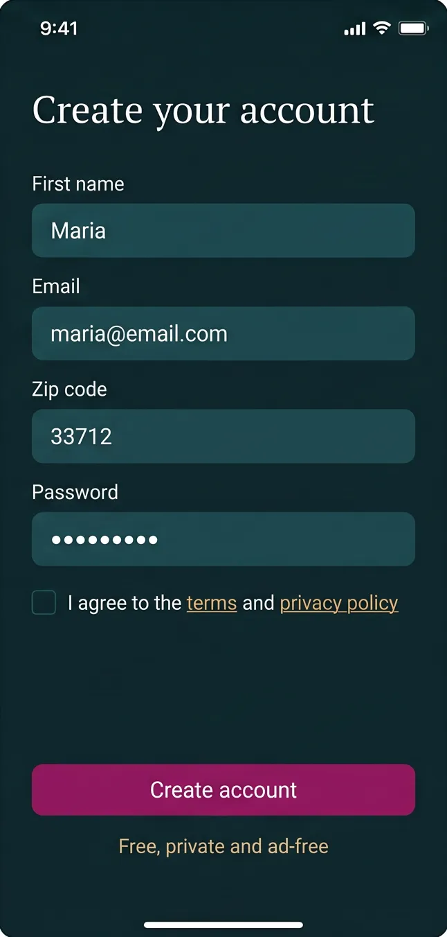 Illustration of the app’s create your account screen with name, email, zip code and password fields