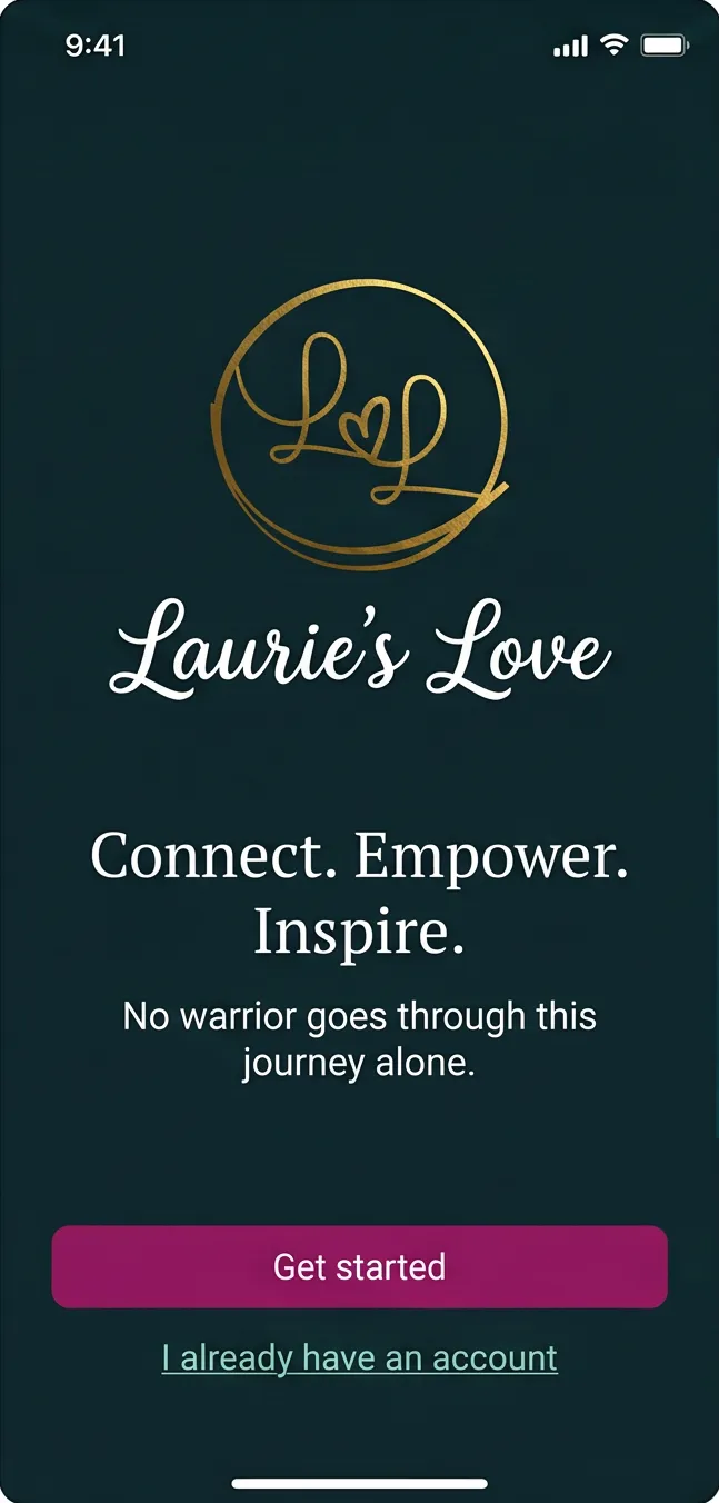 Illustration of the app’s welcome screen with the Laurie’s Love logo and a Get started button