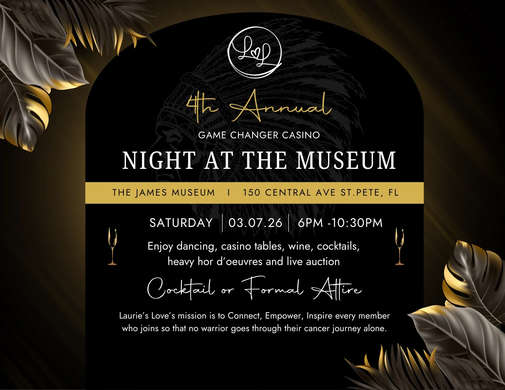 Event flyer in black and gold: 4th Annual Game Changer Casino, Night at the Museum. The James Museum, 150 Central Ave, St. Pete, FL. Saturday, March 7, 2026, 6:00 to 10:30 PM. Enjoy dancing, casino tables, wine, cocktails, heavy hors d’oeuvres and live auction. Cocktail or formal attire.