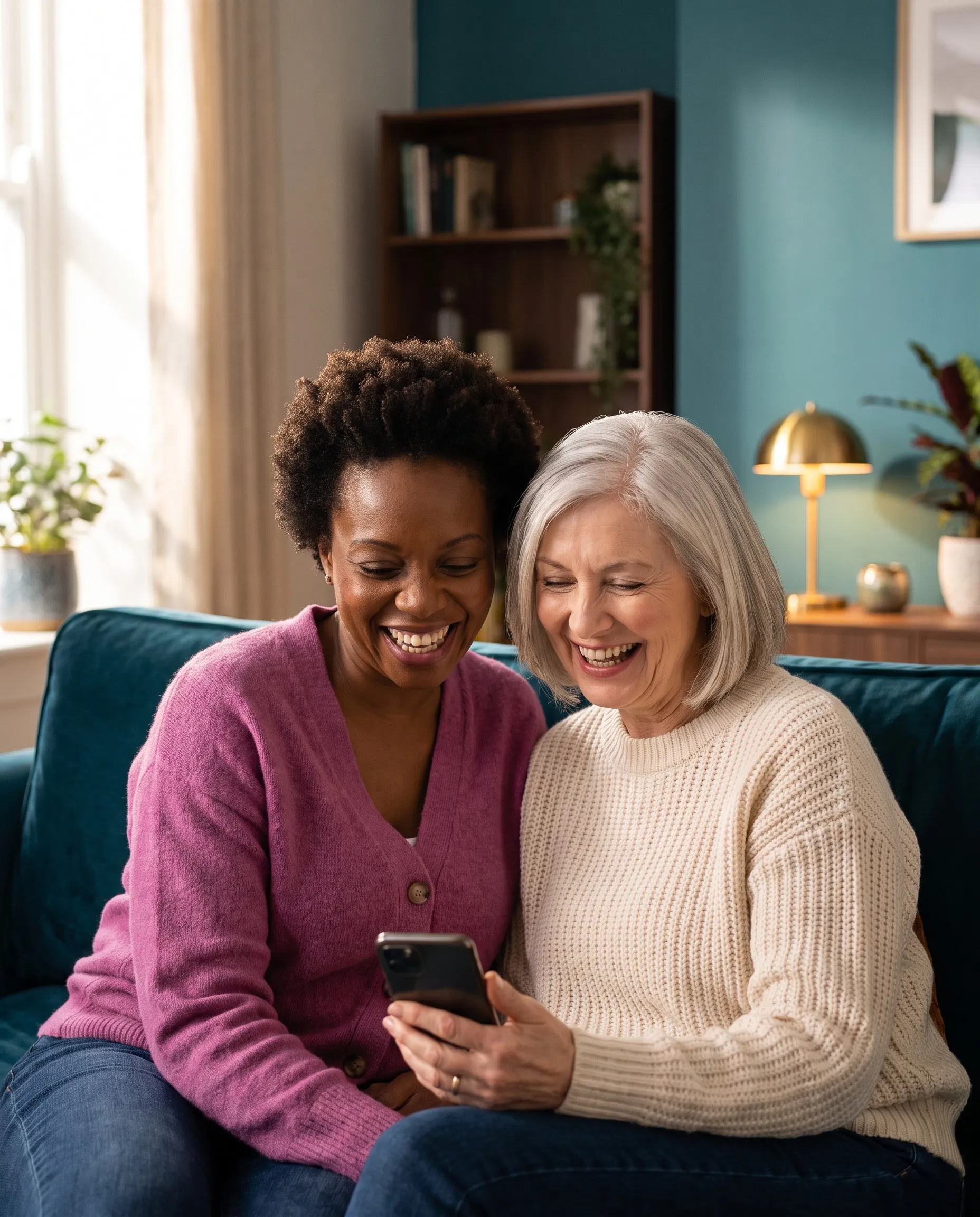 Two women sit close together on a teal sofa, laughing as they look at a phone